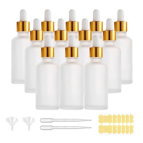 12 Pack,Clear Frosted Glass Dropper Bottle for Essential Oils,Empty Glass Liquid Holder With Eye Dropper,Golden Caps Travel Perfume Cosmetic Container-Pipette&Funnel included (50ml/1.75oz) - color: Clear Frosted, size: 1.7 Ounces