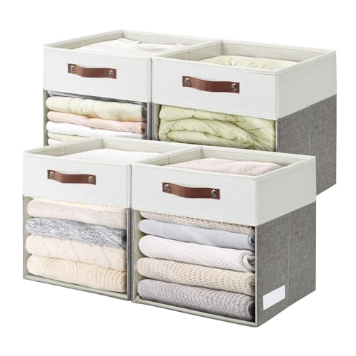 Bagnizer Storage Cubes, 4 Pack Linen Foldable Storage Bins with Clear Window and 2 Handles, 13x15x13 Storage Cube Bins for Shelf Closet, Kallax, Clothes, Books - (Gray / Off-White) - color: Gray / Off-White, size: 13 x 15 x 13