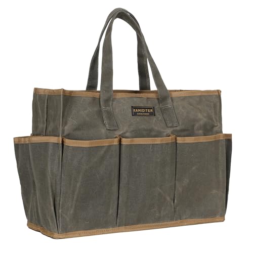 Waxed Canvas Garden Tool Bag Tote, 14 Inch Tool Bag with 10 External Pockets & 1 Large Compartment, Army Green - color: Army Green