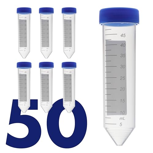 Kashi Scientific 50mL Screw-Cap Conical Centrifuge Tubes, Sterile Transparent Test Tubes with Printed Graduation and Write-on Spot [50mL, 50] - size: 50mL Conical, Sterile