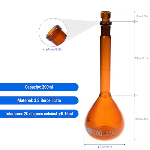 2PCS 200ML Volumetric Flask, Class A, Glass Stopper for Laboratory - color: Amber Glass, size: 200ML