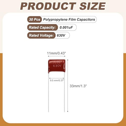 MECCANIXITY 30 Pcs Metallized Polypropylene Film Capacitors 102J 0.001UF - size: 102J 0.001UF