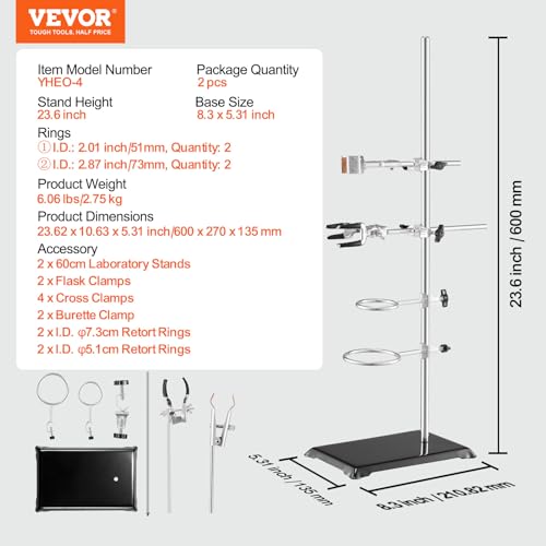 VEVOR Laboratory Support Stand Sets, Set of 2, Steel Lab Stand with 23.6 in Rod and 8.3 x 5.3 in Cast Iron Base, Includes Flask Clamps, Burette Clamps, and Cross Clamps