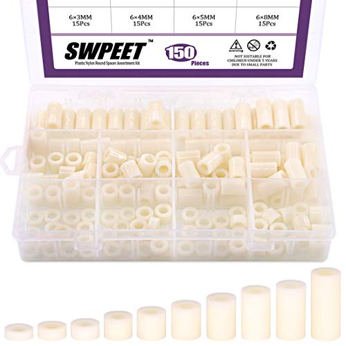 Swpeet 150Pcs Nylon Round Spacer Standoff Screw Nut Assortment Kit, Nylon PA66 Plastic Standoff OD 11mm and ID 6.2mm Length 3mm 4mm 5mm 8mm 10mm 12mm 15mm 18mm 20mm 25mm for M6 Screws Prototyping
