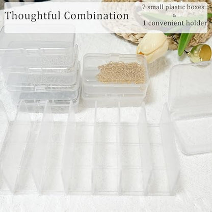 8 in 1 Set Small Plastic Boxes Mini Storage Containers with Lids 2.8 * 2 * 0.8 Inches Clear Box for Crafts Beads Jewelry Small Items(7pcs Boxes and 1pcs Holder)