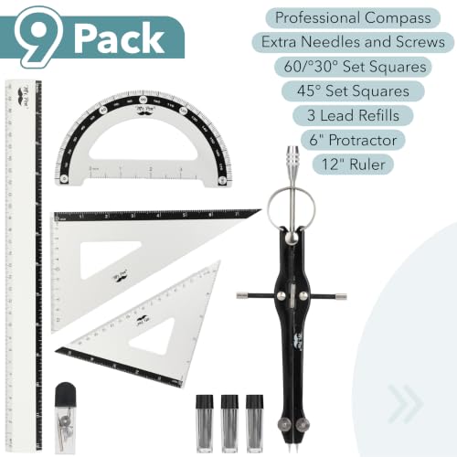 Mr. Pen- Metal Geometry Set, 9 pcs, Compass, 6" Protractor, 12" Ruler