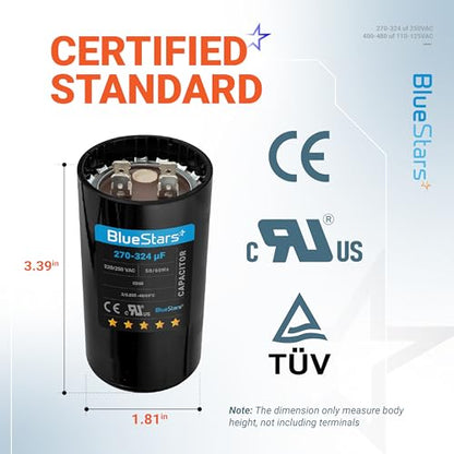 [2025 Upgraded] BlueStars 270-324 uF MFD 220-250 VAC Motor Start Capacitor - size: 270-324 MFD 220-250 VAC