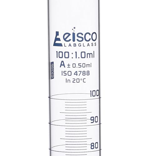 Graduated Cylinder, 100ml - Class A Tolerance ±0.50ml - Round Base - Blue Graduations - Borosilicate 3.3 Glass - Eisco Labs (Pack of 4) - size: 100mL (Pack of 4)