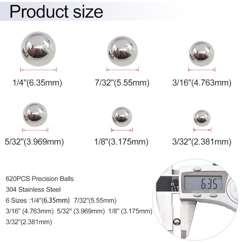Taiss 620PCS 304 Stainless Steel Precision Balls,Bicycle Bearing Balls Assortment Kit,6 Sizes Steel Balls 1/4" 7/32" 3/16" 5/32" 1/8" 3/32",Precision Steel Ball F-086-620PCS - size: 620PCS