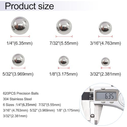 Taiss 620PCS 304 Stainless Steel Precision Balls,Bicycle Bearing Balls Assortment Kit,6 Sizes Steel Balls 1/4" 7/32" 3/16" 5/32" 1/8" 3/32",Precision Steel Ball F-086-620PCS - size: 620PCS