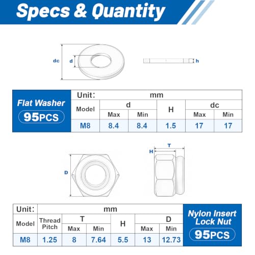 M8-1.25 Lock Nut 190Pcs Stainless Steel Nylock Locking nut with Washer - size: locknuts-M8 190pcs