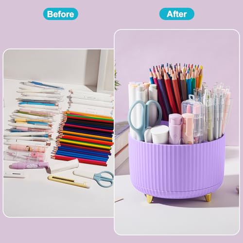 360 Rotating Plastic Desk Pen Organizer with 5 Slots, Dual-Purpose Art Supply Pencil Cup for Office, School, Home Light Purple - color: Light Purple