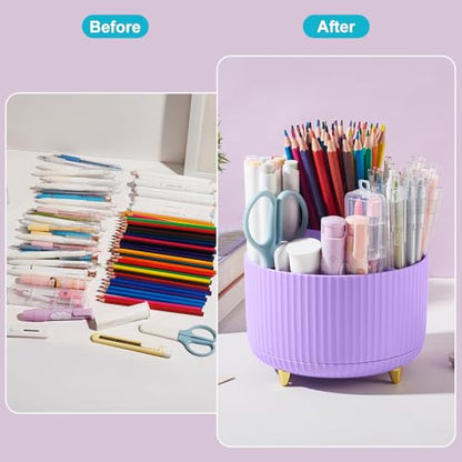 360 Rotating Plastic Desk Pen Organizer with 5 Slots, Dual-Purpose Art Supply Pencil Cup for Office, School, Home Light Purple - color: Light Purple