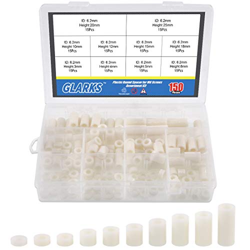 Glaks 150Pcs 10 Sizes Nylon Round Spacer Assortment Kit, OD 11mm ID 6.2mm for M6 Screws, Round Straight Tube, Nylon Standoff (3mm, 4mm, 5mm, 8mm, 10mm, 12mm, 15mm, 18mm, 20mm, 25mm)