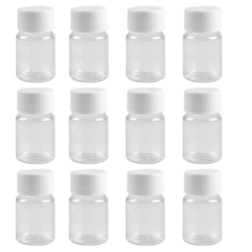12 PCS 15 ML 0.5 OZ Plastic Clear Bottles Empty Container with White Screw Cap Solid Powder Case Refillable Storage Holder Sample Jar for Dispense Different Items