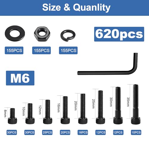 620Pcs M6 Screw Kit, Hex Socket Head Cap M6 Screws, M6 Bolts Nuts Washers - color: Black, size: Black M6--620 Pcs