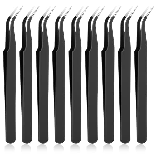 9 Pieces Craft Tweezers, Stainless Steel Curved Pointed Precision Tweezer Anti-Static Pointed Sticker Tweezers Fine Crafting Tweezer for Electronics, Soldering, Jewelry Making (Black) - color: Black