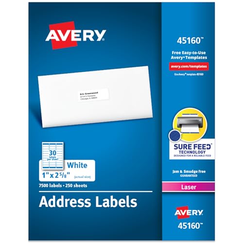 Avery Easy Peel Printable Address Labels, Sure Feed Technology, 1" x 2-5/8" Customizable Stickers, White, 7,500 Blank Mailing Labels, Great for Mailing, Shipping, and More (45160) - size: 1" x 2-5/8" (Pack of 1), style: 7,500 Labels