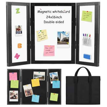 24 x 16 Trifold 3-Panel Display Board with Black Felt Board and Storage Bag - color: White-black, size: 24 x 16inch