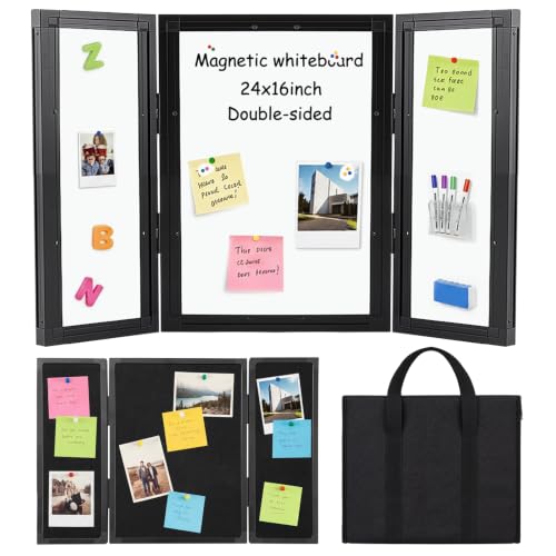 24 x 16 Trifold 3-Panel Display Board with Black Felt Board and Storage Bag - color: White-black, size: 24 x 16inch