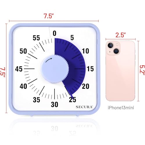 Secura 60-Minute Visual Countdown Timer, 7.5-Inch Oversize Classroom Visual Timer for Kids and Adults, Durable Mechanical Kitchen Timer Clock with Magnetic Backing (Violet) - color: Purple & Purple