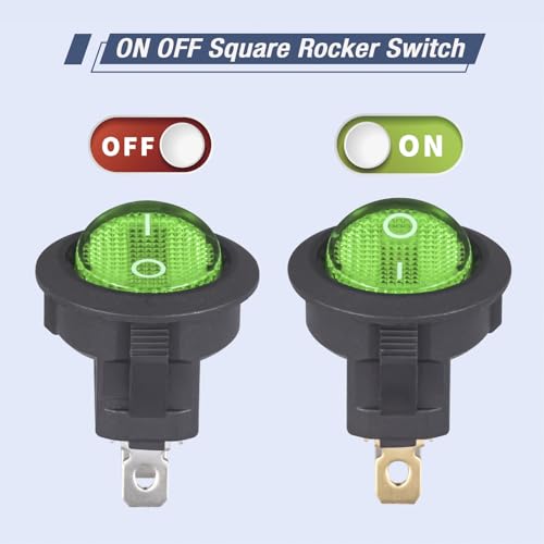 VEXUNGA Round Rocker Switch 12V 20A Green Light Iluminated Small Rocker Switch On Off 3 Pin Circle Square Toggles Switches for RV Car Truck Boat (Pack of 5pcs) - style: 5Pcs 3 Pin ON/OFF - Green