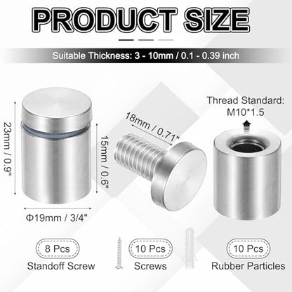 PATIKIL 3/4x0.9" Standoff Screws, 8 Pack Stainless Steel Stand Off Wall Mounts Wall Sign Mounting Hardware Advertising Standoff Nail for Hanging Acrylic Signs Picture Frame, Silver - size: 3/4x0.9"