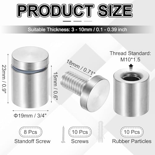 PATIKIL 3/4x0.9" Standoff Screws, 8 Pack Stainless Steel Stand Off Wall Mounts Wall Sign Mounting Hardware Advertising Standoff Nail for Hanging Acrylic Signs Picture Frame, Silver - size: 3/4x0.9"