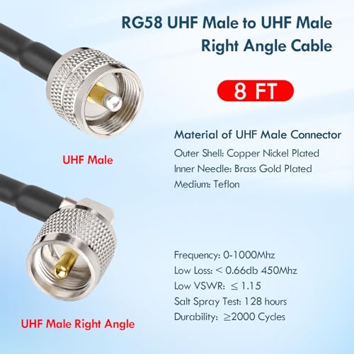 MOOKEERF CB Coax Cable - RG58 UHF PL-259 Male to Male Right Angle Coaxial Cable 8FT Low Loss Cb Antenna Cable Jumper Cable for CB Radio, HAM Radio, Antenna Analyzer, SWR Meter - size: 8FT