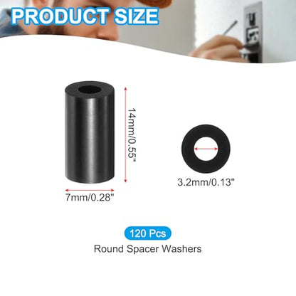 PATIKIL M3 Black ABS ID 3.2mm,OD 7mm,Length 14mm, Nylon Round Spacer Washers, 120Pcs Plastic Standoff Rubber Nut Unthreaded for M3 Screws Electrical Outlet Switch Receptacle - size: 3.2mm x 7mm x 14mm