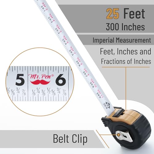 Mr. Pen- Retractable Tape Measure 25 ft, Light Brown, Easy Read - color: Light Brown, size: 1 pcs