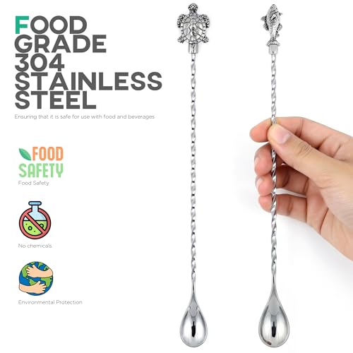 Homestia 12 Inch Bar Spoon, 2 Pcs Cocktail Spoon with Sea Turtle Fish Decor - color: 2PCS Turtle + Fish + Silver