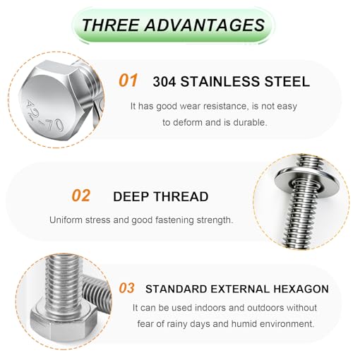 10 Sets 5/16-18×2" Stainless Steel Hex Head Screws Bolts, Nuts, Flat & Lock Washers,18-8(304) Full Thread - color: Silver-hex, size: 5/16-18×2"(10 sets)