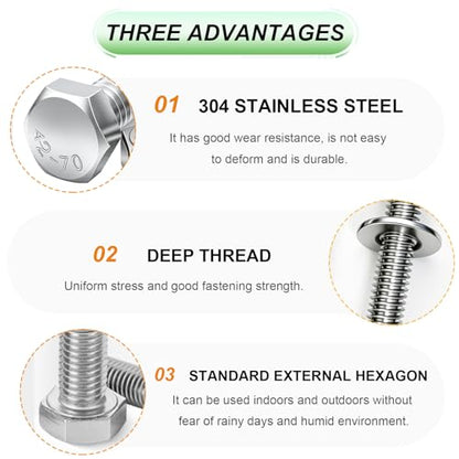 10 Sets 5/16-18×2" Stainless Steel Hex Head Screws Bolts, Nuts, Flat & Lock Washers,18-8(304) Full Thread - color: Silver-hex, size: 5/16-18×2"(10 sets)