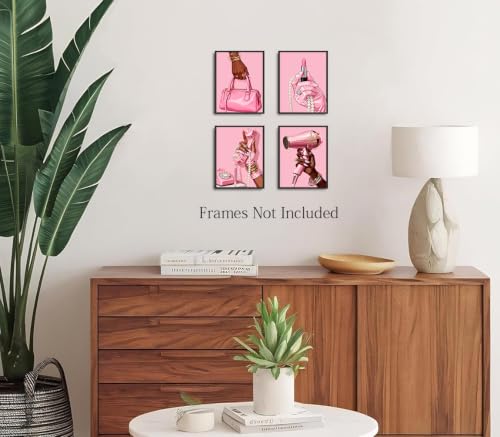 Pink Fashion Black Woman Canvas Wall Art,Pink Bathroom Decor,8x10 Inches - color: Pink Fashion Black Woman Canvas Wall Art