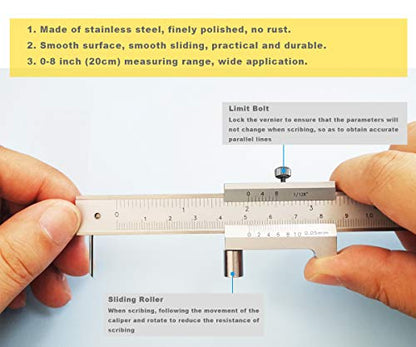 Parallel Crossed Caliper 0-20cm (0 - 8 inch) with 2 Carbide Scriber / Needle, Stainless Steel Vernier Calipers, Marking Gauge, Marking Tool