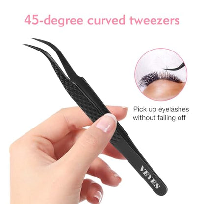 VEYES INC Lash Tweezers for Eyelash Extensions,High Precision Tweezers for Individual Classic and Volume Lash,Stainless Steel Tweezers-45 Degree - style: Noir N2