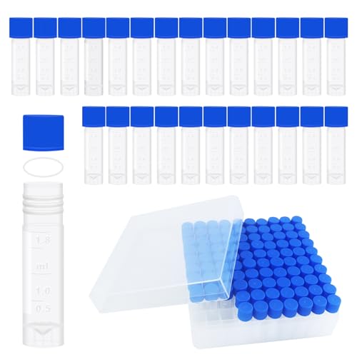 2ml Small Plastic vials w/Leak proof Caps, 2ml Cryogenic vials Sample Vials Self-Stand Cryotubes Cryovial w/Scale & Writing Area for Low Temperature Storage, 100pcs Boxed - size: 100 pcs with 100 well box