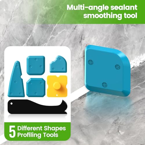 Goopreen 5 in 1 Caulking Tool Silicone Caulking Grout Removal Sealant Finishing Tool with Stainless Steel Head, 6 Replaceable Pads, Gap Seam Repair Kit for Kitchen Bathroom Sink Toilet Caulking - color: Green