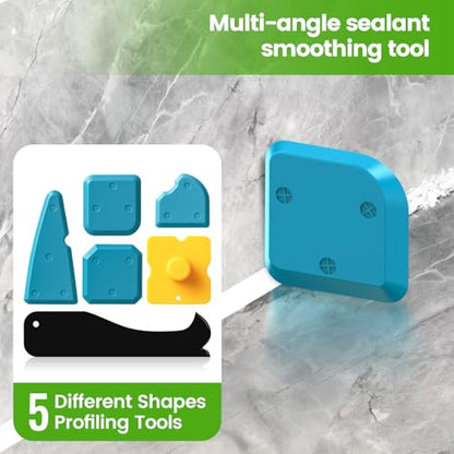 Goopreen 5 in 1 Caulking Tool Silicone Caulking Grout Removal Sealant Finishing Tool with Stainless Steel Head, 6 Replaceable Pads, Gap Seam Repair Kit for Kitchen Bathroom Sink Toilet Caulking - color: Green