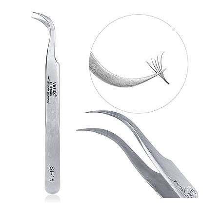 LASHVIEW Lash Tweezer, Vetus Curved Eyelash Tweezers for Profissional Grafting Eyelash Extension, Stainless Steel Needle Nose Tweezers for Lash Extension Stickers Precision Electronics, ST15 - size: ST15