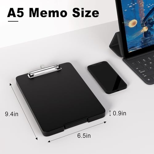 Hongri A5 Clipboard with Storage, Metal Retractable Pen Holder, Black - color: Black