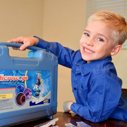58-Piece Kids Microscope Kit - 100X-1200X Magnification, Metal Body, LED Light, Carrying Box - Science Experiment Toy for Kids Ages 5-12 - color: Blue