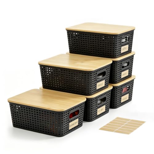 Bagnizer Small Plastic Storage Bins with Bamboo Lids 5.2qt Stackable Box Basket Pantry Decorative Containers Cute with Lable for Organizing Desktop Closet Office Black of 6 packs 10 * 7.2 * 4.1" - color: Black, size: Small- 6 Pack