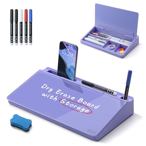SELEAD Desktop Glass Whiteboard with Storage, 5 Markers and Eraser, Purple - color: Purple, size: 12"x7"