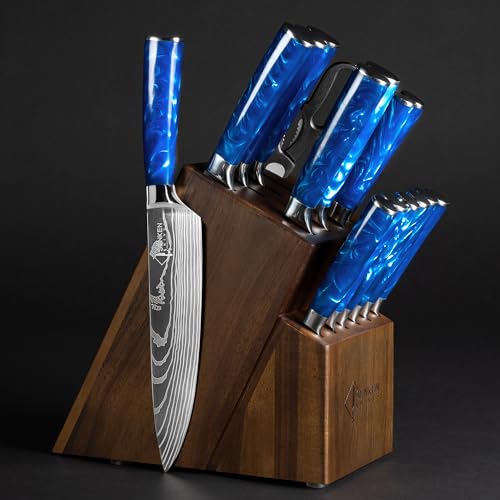 SENKEN 16-Piece Knife Block Set - Japanese High Carbon Stainless Steel with Damascus Pattern, Blue Resin Handles, 6 Steak Knives & Acacia Hardwood Block (Blue) - color: Blue