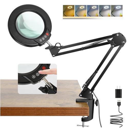 Coyeth 10X Magnifying Glass with Light and Clamp, Real Glass Stand Lighted Magnifier, 5 Color Modes Stepless Dimmable LED Desk Lamp Hands Free for Crafts Hobby Reading Painting Sewing Close Work - color: Black, size: 10X-Regular Arm