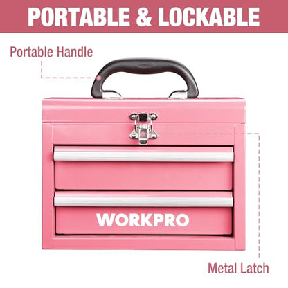 WORKPRO Portable Mini Metal Tool Box with 2 Drawers - color: Pink