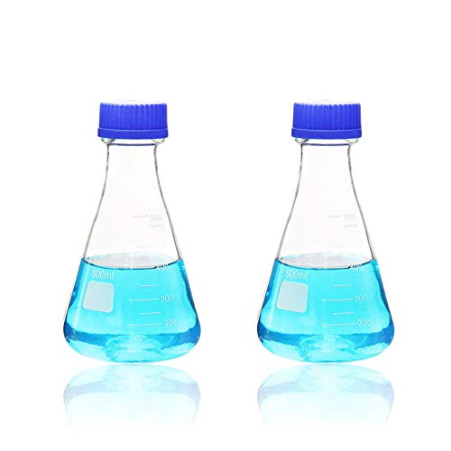 ULAB Scientific Erlenmeyer Flask with Blue Screw Cap, 17oz 500ml, 3.3 Borosilicate with Printed Graduation, Pack of 2, UEF1020 - style: Vol. 500ml, Pack of 2