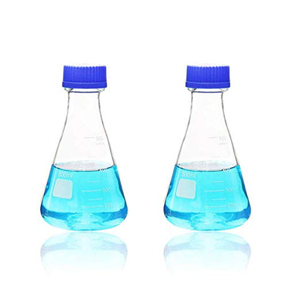 ULAB Scientific Erlenmeyer Flask with Blue Screw Cap, 17oz 500ml, 3.3 Borosilicate with Printed Graduation, Pack of 2, UEF1020 - style: Vol. 500ml, Pack of 2